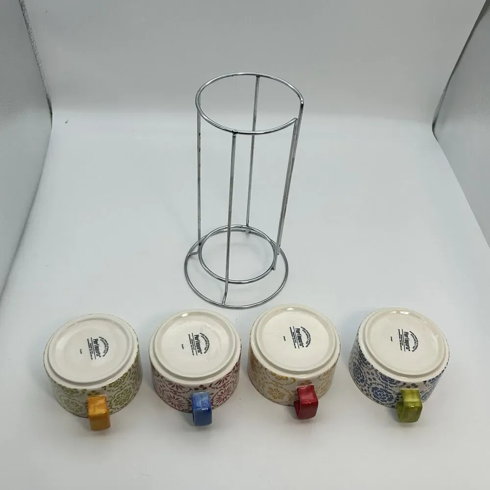 Pier 1 Imports Stackable Stoneware Mugs Set of 4 w/ Metal Stand Coffee  Cup